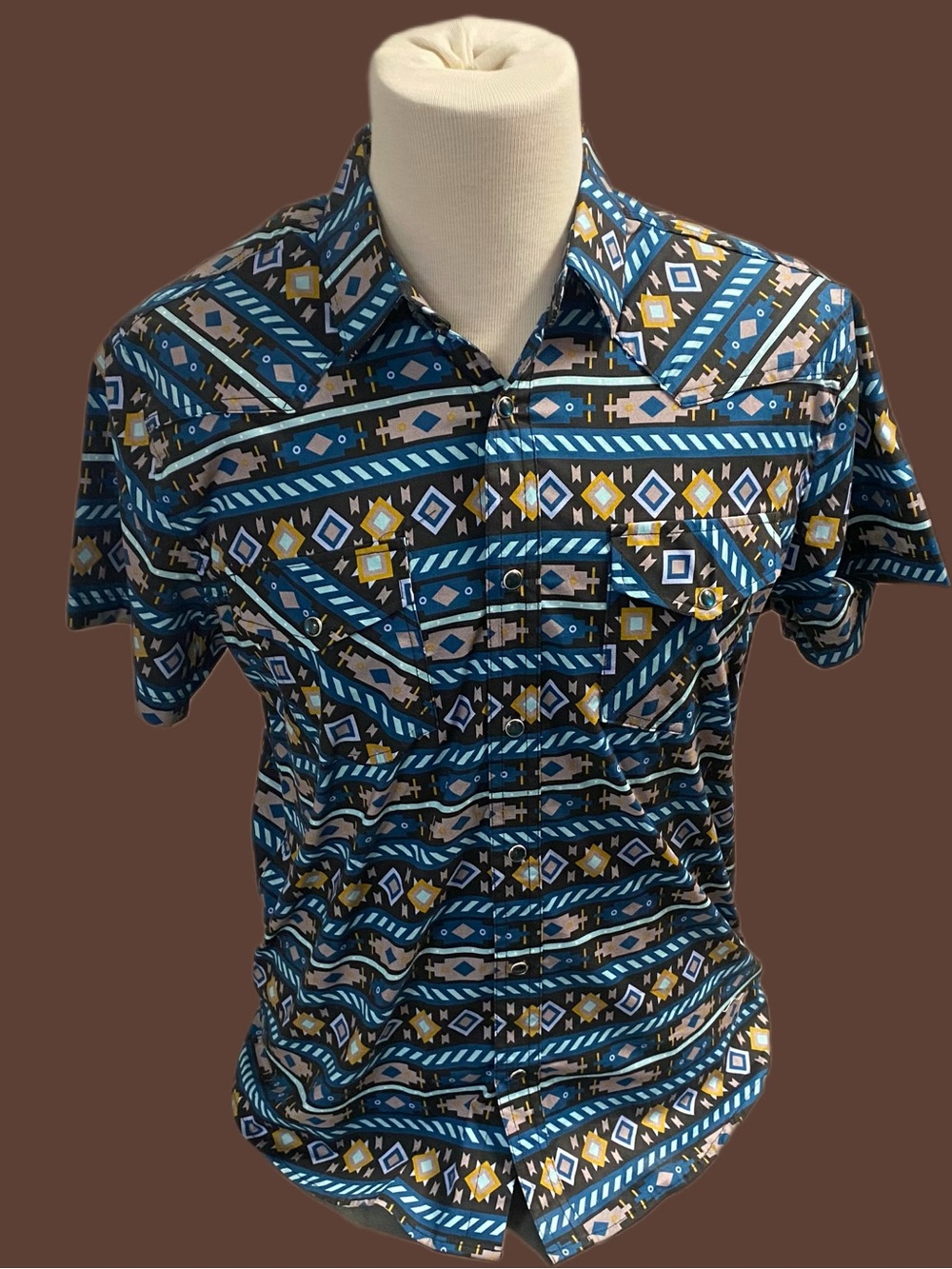 MONTERO NWT Men's Teal & Navy Geometric Short-Sleeve Dress Shirt